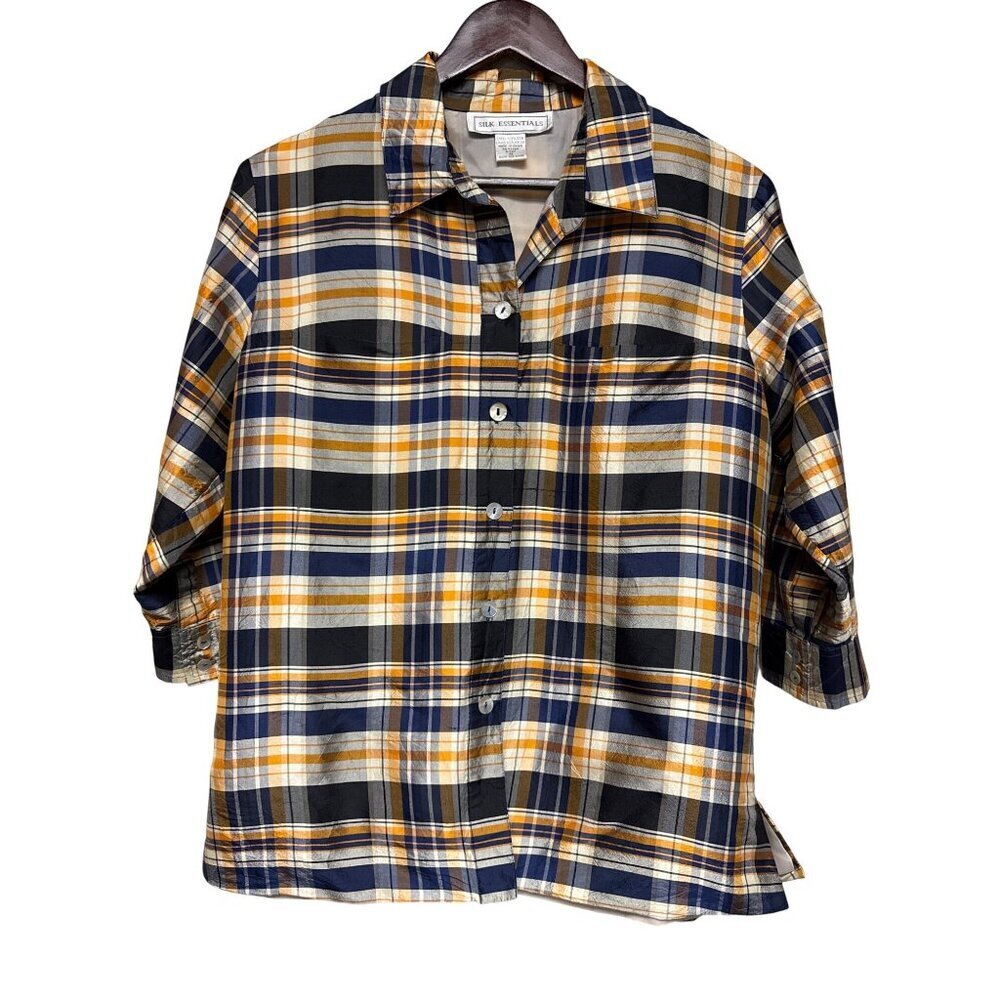 Silk Essentials Women's 100% Silk 3/4 Sleeves Blue Plaid Blouse Button Medium